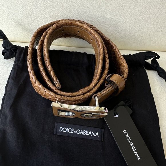 NEW DOLCE & GABBANA Belt Brown Weaved Leather DG Logo straw Buckle 80cm32in $620